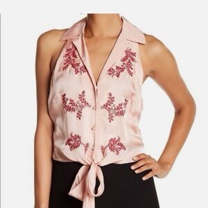 Cinq à Sept Pink Embroidered Tie-Front Blouse